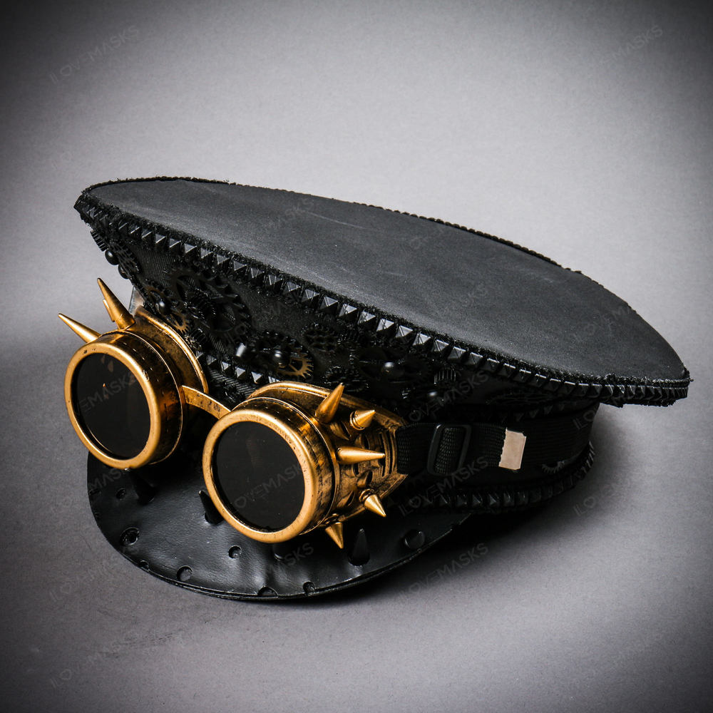 ILOVEMASKS Black Steampunk Military Cap with Gold Spiked Goggles
